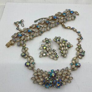 Vtg CONTINENTAL ? frosted white blue borealis crystal earrings bracelet necklace